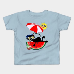 Cat Cartoon and Juicy Watermelon Summertime Chill Humorous Character Kids T-Shirt